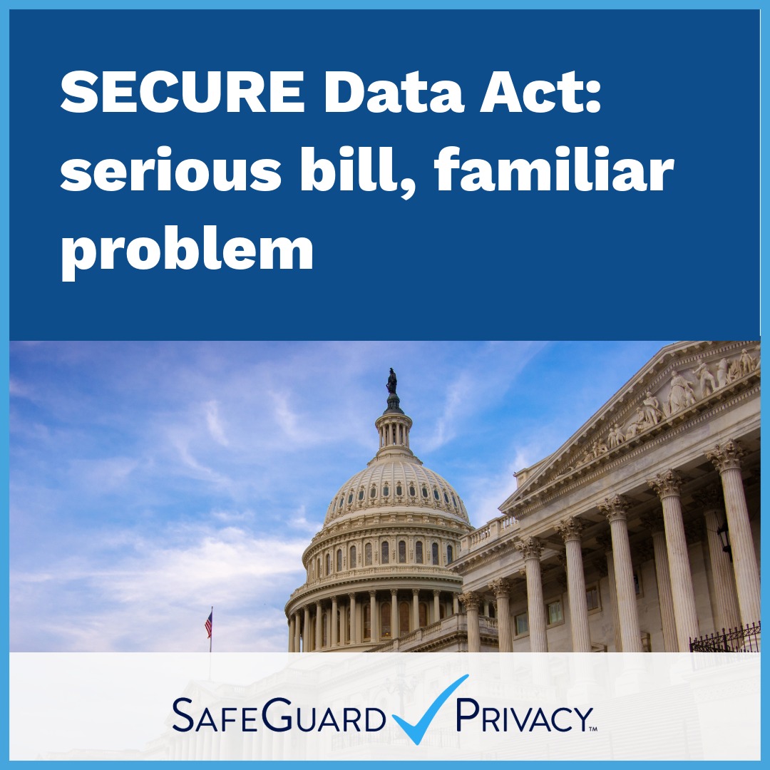 Banner about the SECURE Data Act: bold white text on a blue background above a photo of the U.S. Capitol, with a SafeGuard Privacy logo at the bottom.