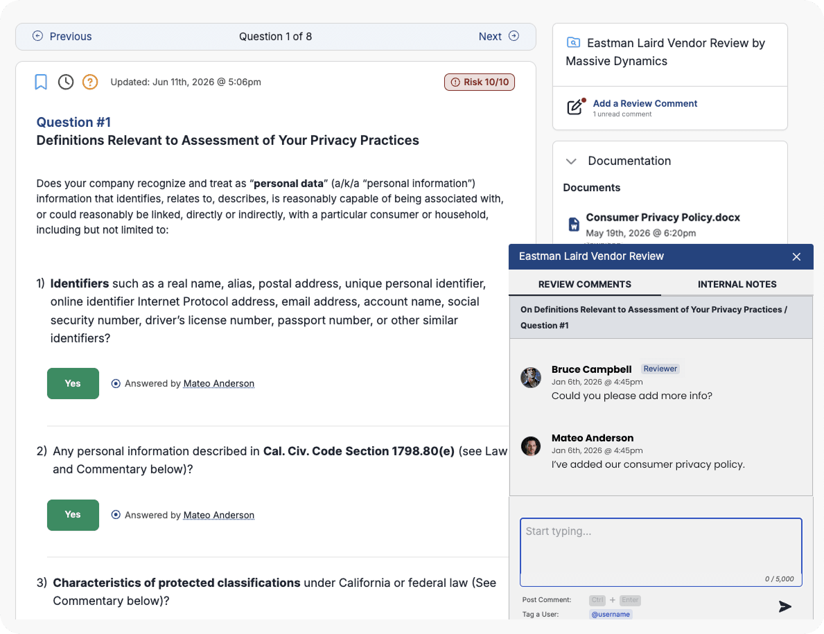 Quiz screen with Question 1 about definitions relevant to privacy practices, showing Yes options and an accompanying author link on the left; sidebar includes a vendor review panel and a comments/chat area on the right.