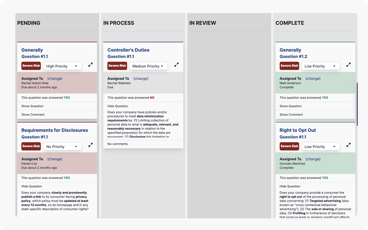 tasks Four-column task board labeled Pending, In Process, In Review, and Complete, with cards showing risk levels and assignees.
