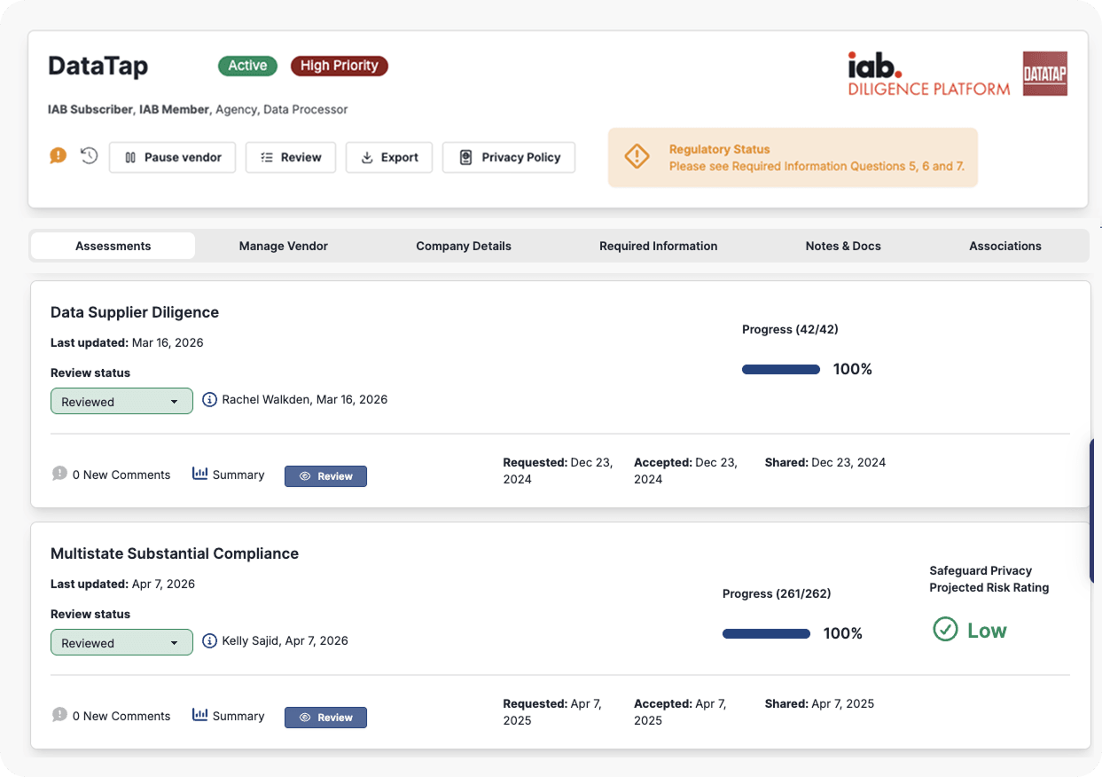 DataTap dashboard showing two vendor diligence cards: Data Supplier Diligence and Multistate Substantial Compliance with 100% progress and Reviewed status(s).