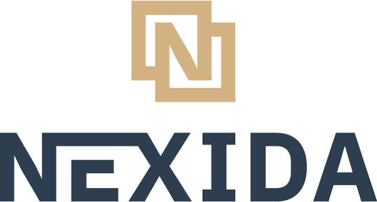 Nexida logo: tan interlocking square emblem above the bold navy word NEXIDA.